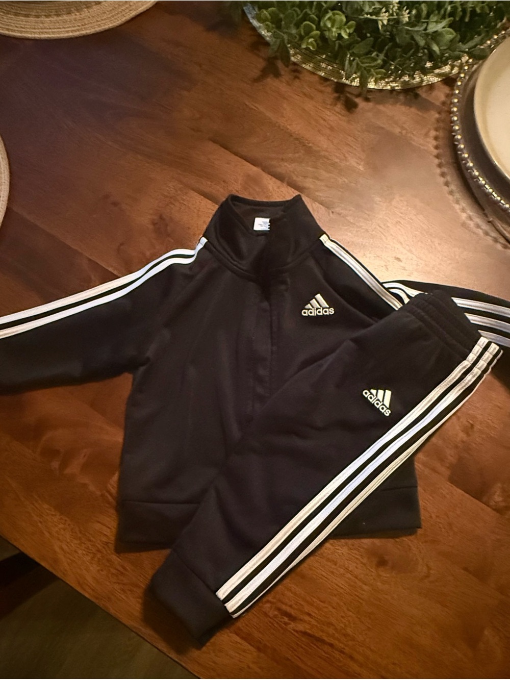 adidas Black Track Jacket and Pants with White Stripes 9 months
